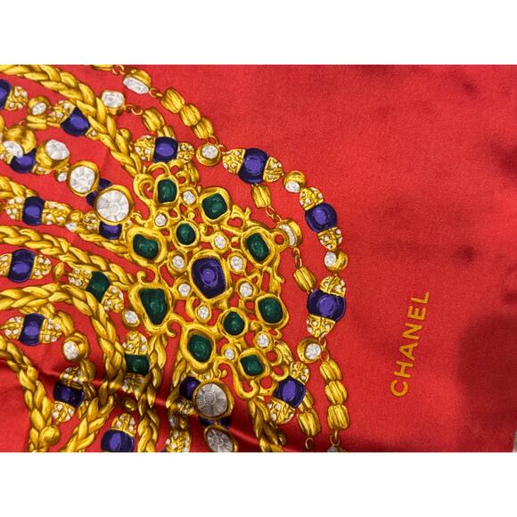 Chanel Silk Scarf Signed Red w/ Gold Chains, 34.5 inches Square Vintage 1980s - Picture 1 of 4